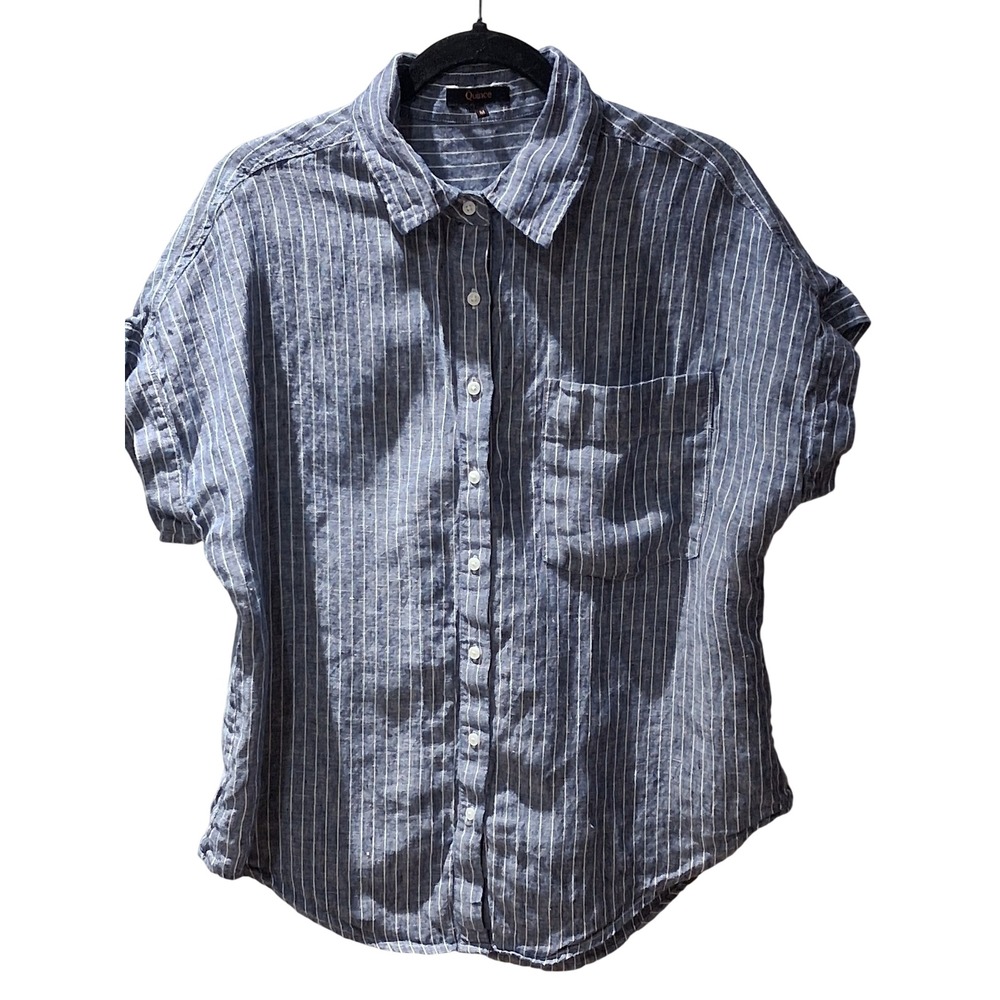 Quince Button Down Shirt Women M Blue Pinstripe Linen Short Sleeve Pocket Top